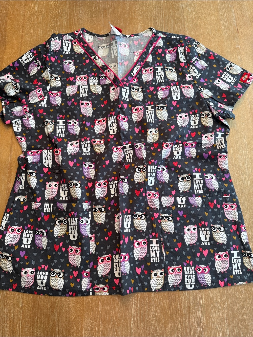 Black Owl Print Medical Scrub Top with Pink & White Accents XL